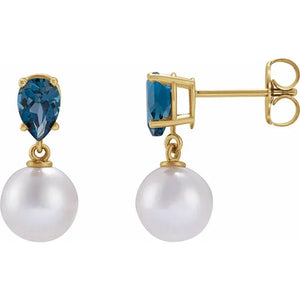 Cultured White Akoya Pearl & Natural London Blue 14k Yellow Gold Earrings