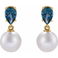 Load image into Gallery viewer, Cultured White Akoya Pearl &amp; Natural London Blue 14k Yellow Gold Earrings
