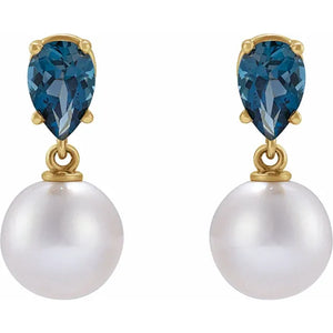 Cultured White Akoya Pearl & Natural London Blue 14k Yellow Gold Earrings