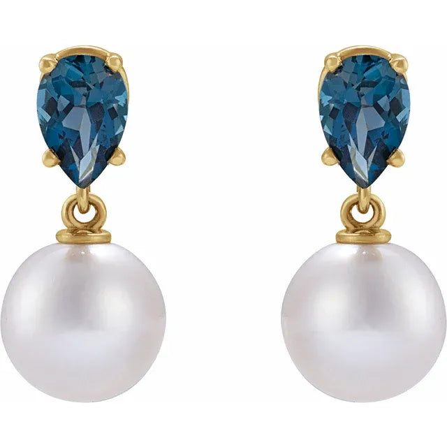 Cultured White Akoya Pearl & Natural London Blue 14k Yellow Gold Earrings