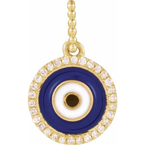 1/10 CTW Natural Diamond Blue Enameled Evil Eye Pendant 14k Yellow Gold