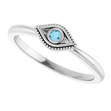 Load image into Gallery viewer, Natural Aquamarine Stackable Evil Eye 14k White Gold Ring
