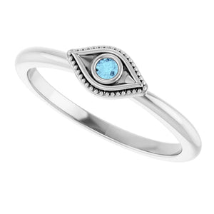 Natural Aquamarine Stackable Evil Eye 14k White Gold Ring