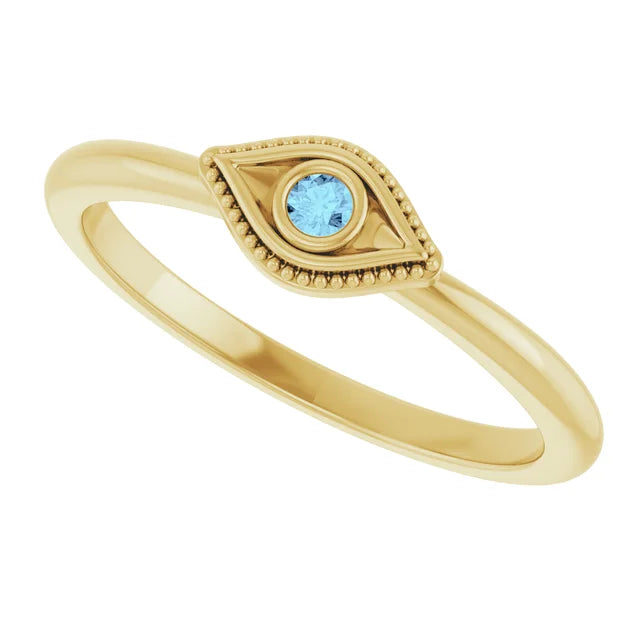 Natural Aquamarine Stackable Evil Eye 14k Yellow Gold Ring