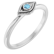 Load image into Gallery viewer, Natural Aquamarine Stackable Evil Eye 14k White Gold Ring
