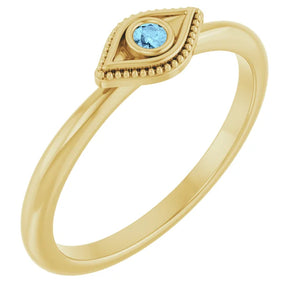 Natural Aquamarine Stackable Evil Eye 14k Yellow Gold Ring