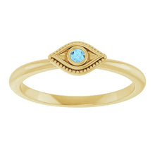 Load image into Gallery viewer, Natural Aquamarine Stackable Evil Eye 14k Yellow Gold Ring
