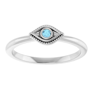 Natural Aquamarine Stackable Evil Eye 14k White Gold Ring