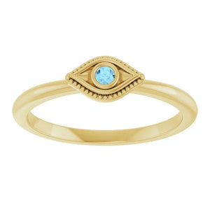 Natural Aquamarine Stackable Evil Eye 14k Yellow Gold Ring