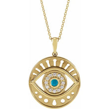 Load image into Gallery viewer, Natural Turquoise &amp; 1/6 CTW Natural Diamond Evil Eye 16-18&quot; Necklace 14k Yellow Gold
