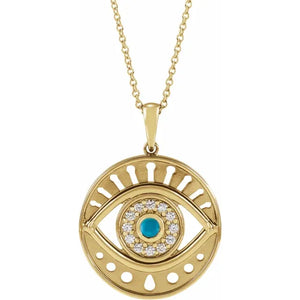 Natural Turquoise & 1/6 CTW Natural Diamond Evil Eye 16-18" Necklace 14k Yellow Gold