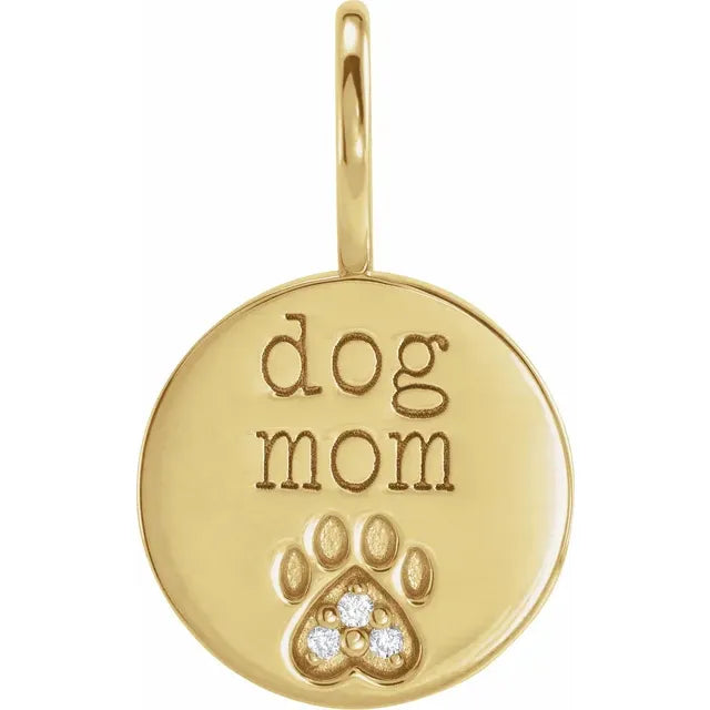 .01 CTW Natural Diamond Engraved Dog Mom Paw Print Charm/Pendant 14k Yellow Gold