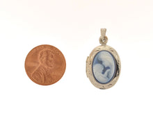 Load image into Gallery viewer, ESTATE VINTAGE 14K WHITE GOLD CARVED BLUE OVAL CAMEO LOCKET PENDANT
