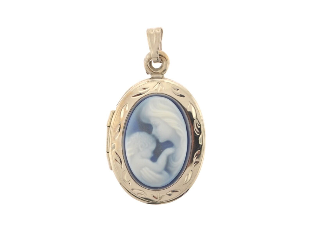 ESTATE VINTAGE 14K WHITE GOLD CARVED BLUE OVAL CAMEO LOCKET PENDANT