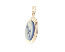 Load image into Gallery viewer, ESTATE VINTAGE 14K WHITE GOLD CARVED BLUE OVAL CAMEO LOCKET PENDANT
