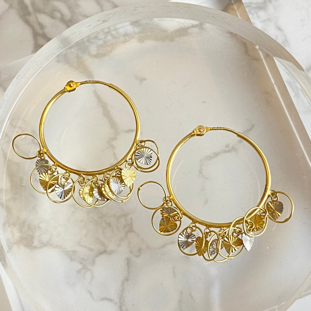 Shaker Hoops with Dangling Hearts of 2-tone Gold